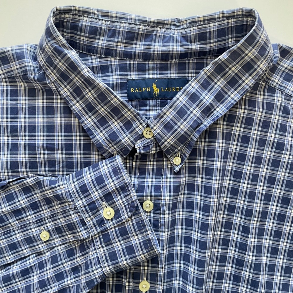 Ralph Lauren Mens 4XLT‎ Blue White Plaid Button Down Long Sleeve Shirt Tall 4TG